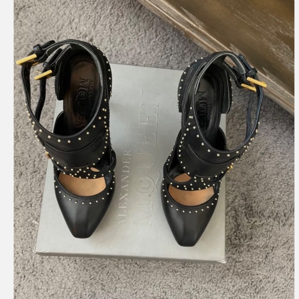 ALEXANDER McQUEEN Black Studded Scarpa Pelle Cuoio Size 8 1/2 - Picture 2 of 11